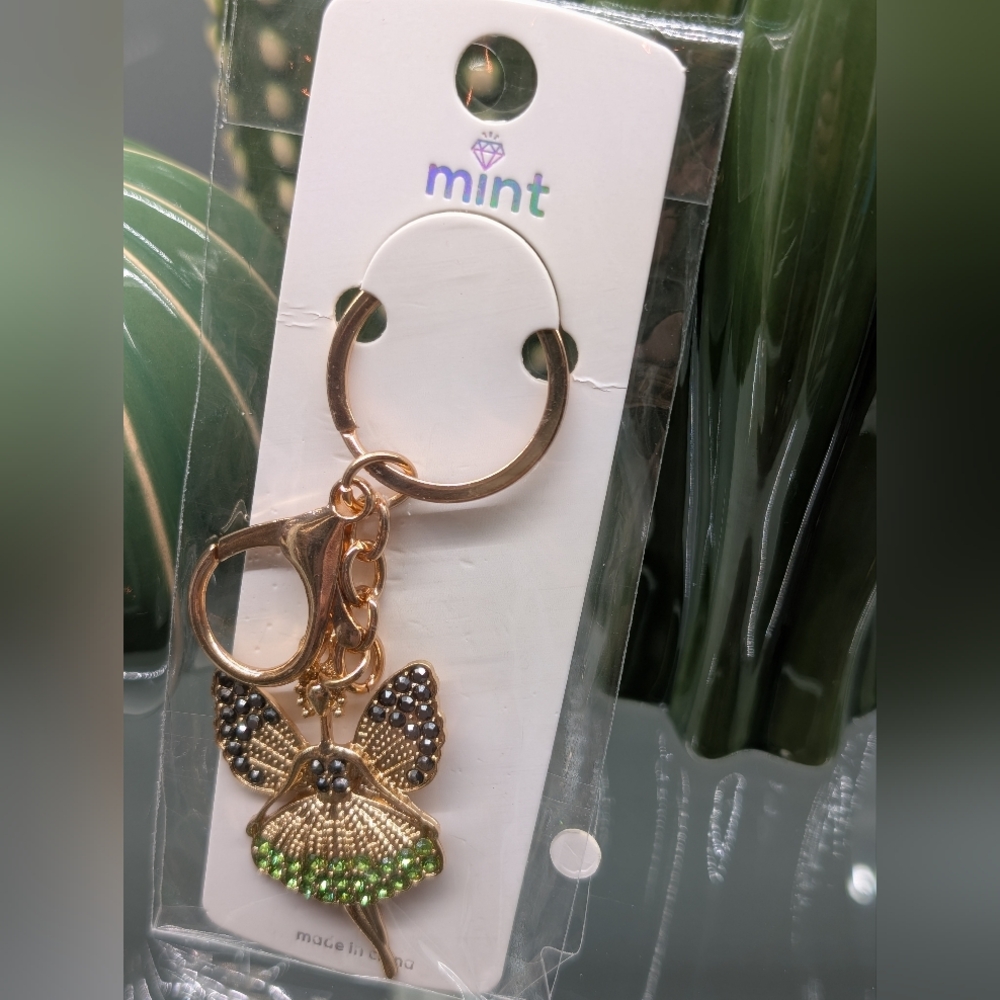 Mint Gold Fairy or Angel W/ Black And Green Rhinestones Keychain/Bagcharm